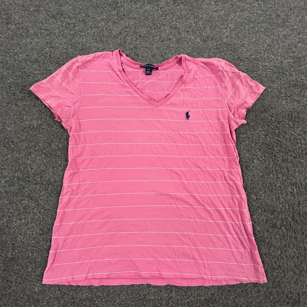 Ralph Lauren T-Shirt Womens Size L Pink Striped V-Neck Short Sleeve Pony Logo